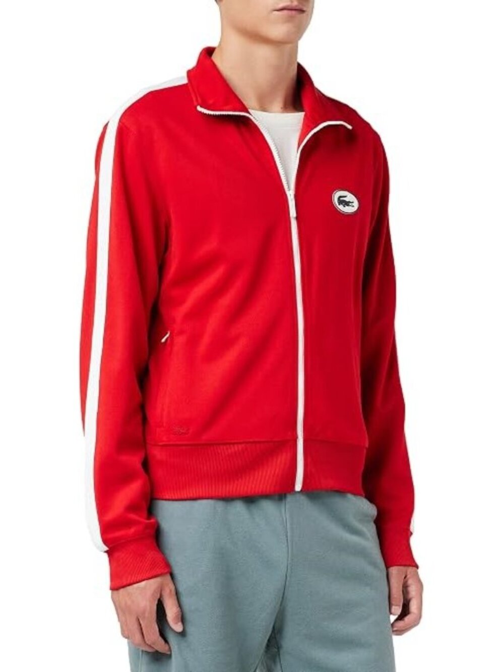 LACOSTE Men's Regular Fit High Neck Piqué Zip Sweatshirt Size L in Red/White